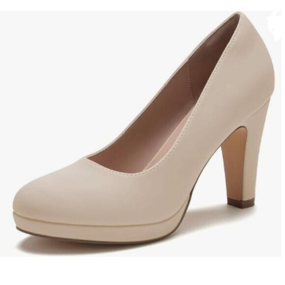 miss left Nude Low Platform Chunky High Heels Slip On Closed Round Toe Pump - Picture 1 of 8